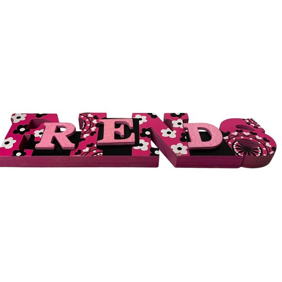 Decorative Wooden "Friends" Block Sign 13 Inches Long Pink & Black Floral Design - Picture 4 of 6